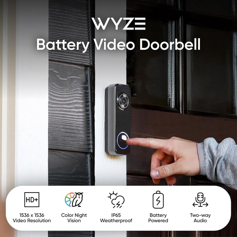 WYZE Battery Video Doorbell Wireless Camera, 1536x1536 HD+ with Color Night Vision, 2-Way Audio, 1:1 Head-to-Toe View, Person/Vehicle/Package Monitor, Wire-Free/Wired Option, 1 Minute Easy Setup - Image 1